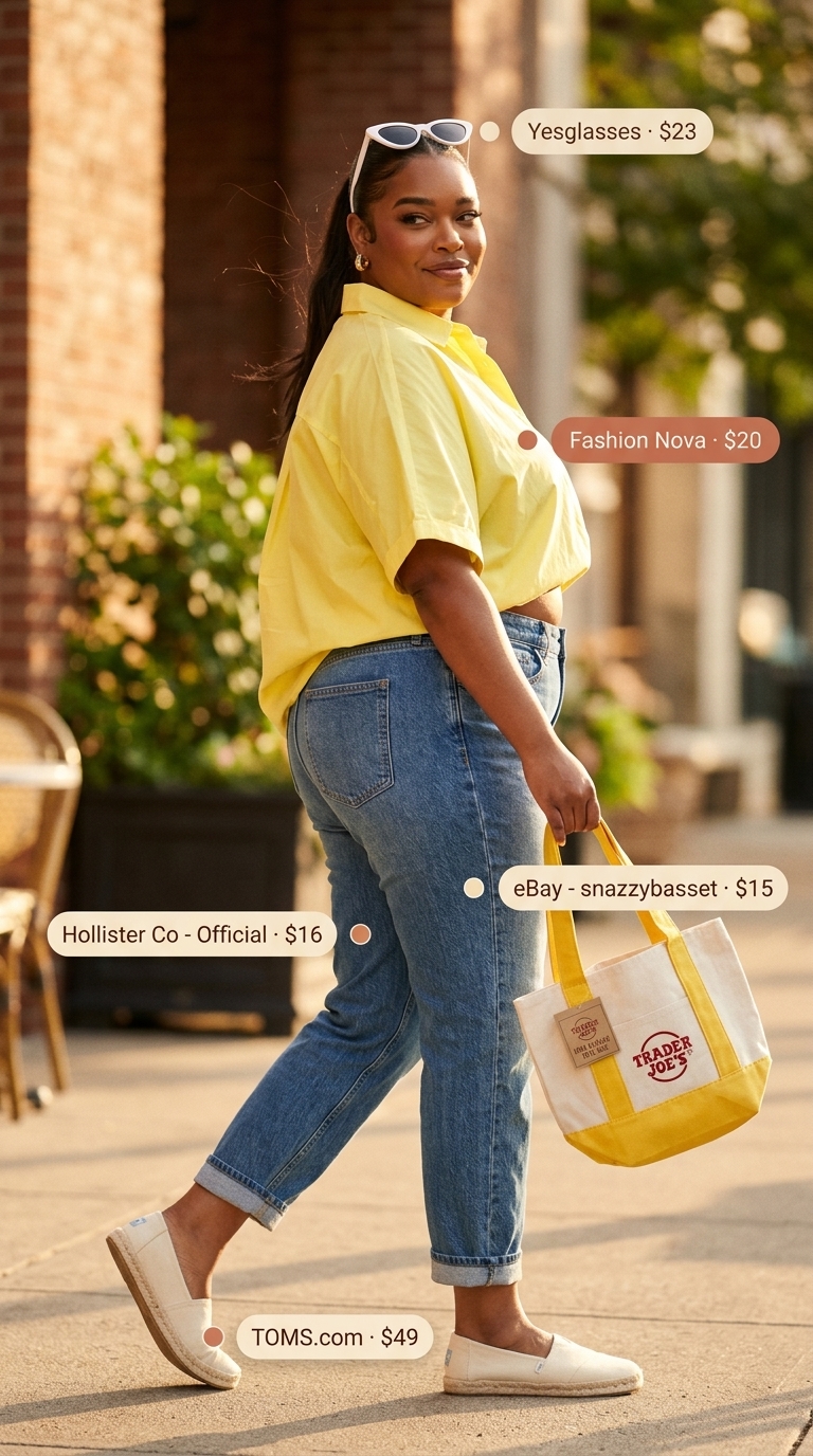 Vintage jean outfits summer for women 2026: Mom jeans, yellow shirt, espadrilles, cat-eye sunglasses for a playful retro vibe.