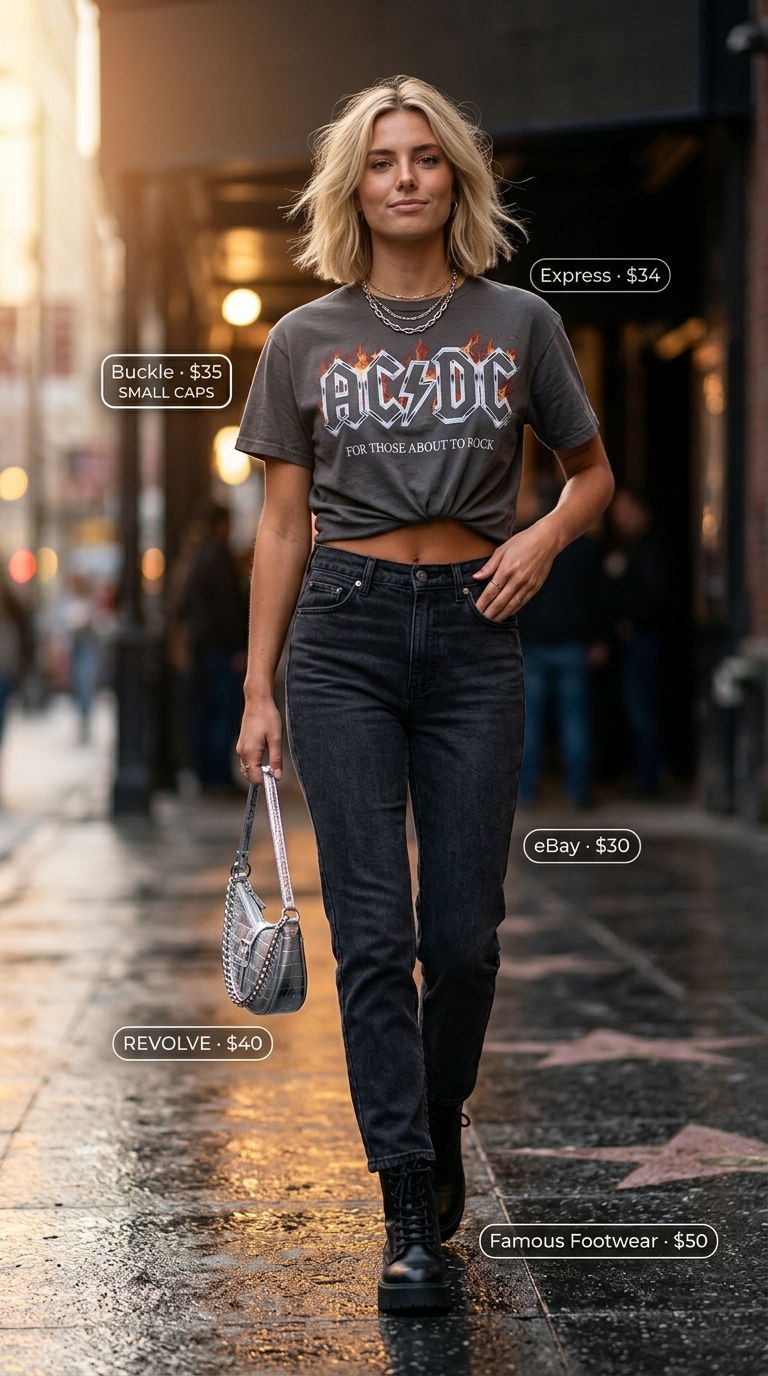Vintage jean outfits summer for women 2026: Faded black jeans, graphic tee, combat boots, silver bag for an edgy urban look.