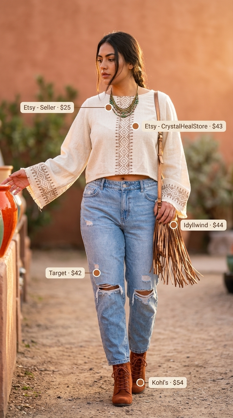Vintage jean outfits summer for women 2026: Distressed boyfriend jeans, cream peasant top, suede boots, fringed bag for boho style.