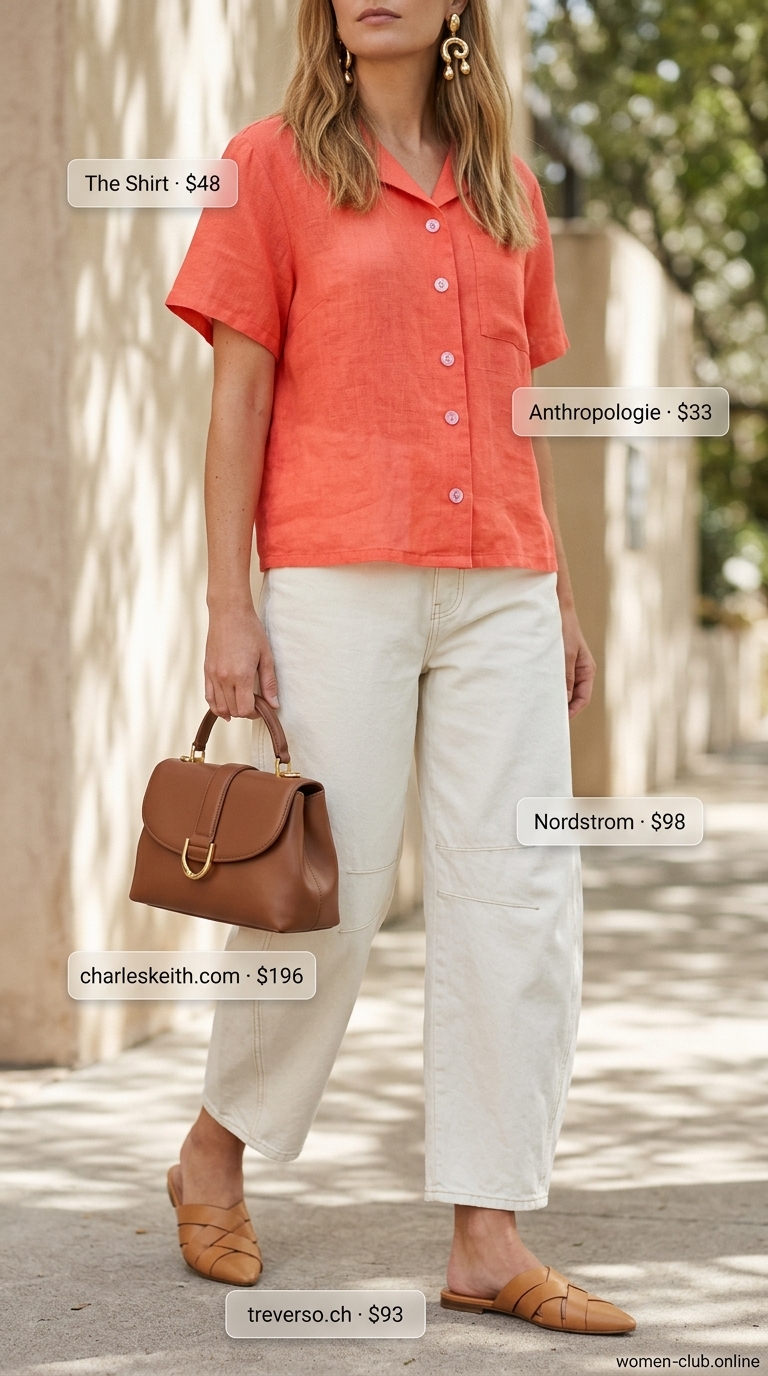 Vintage jean outfits summer for women 2026: Bone barrel jeans, coral oversized shirt, tan bag, gold earrings for an artsy vibe.