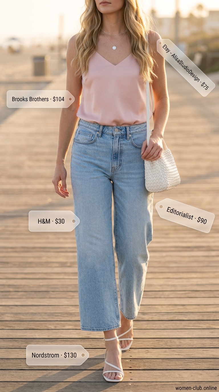 Vintage jean outfits summer for women 2026: Cropped wide-leg jeans with silk camisole and block heels for resort wear.