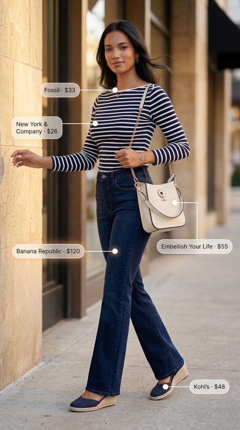 Vintage jean outfits summer for women 2026: Dark bootcut jeans, striped top, espadrilles, structured bag for classic Riviera style.