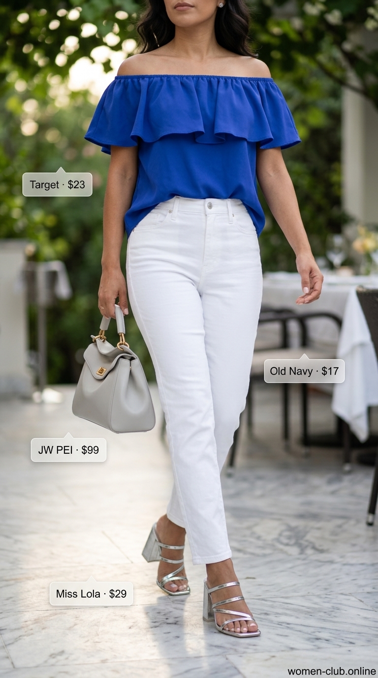 Vintage jean outfits summer for women 2026: Crisp white jeans with off-the-shoulder top for a chic summer dinner.