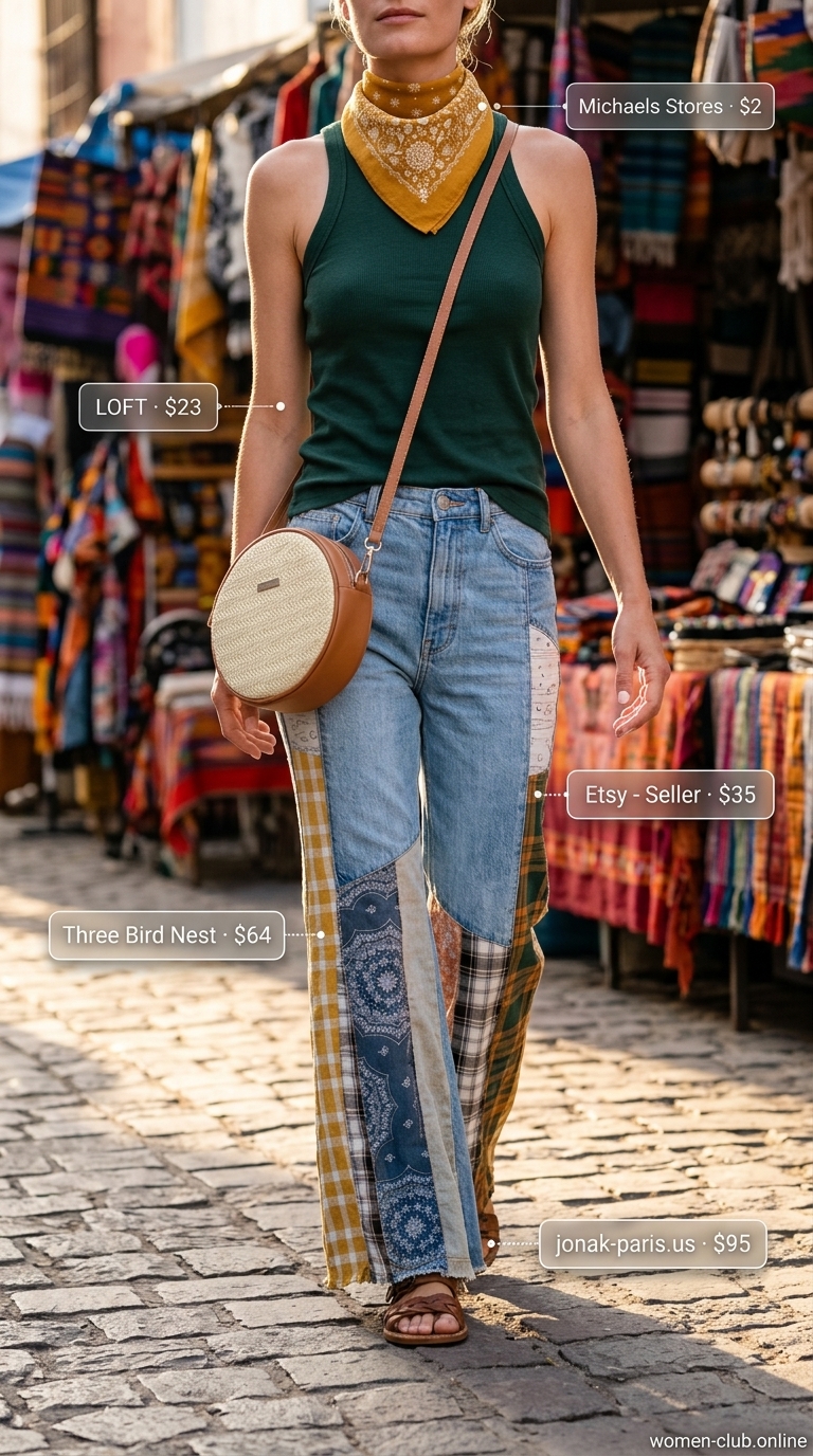 Vintage jean outfits summer for women 2026: Patchwork jeans, forest green tank, straw bag, cognac sandals, bandana for quirky style.