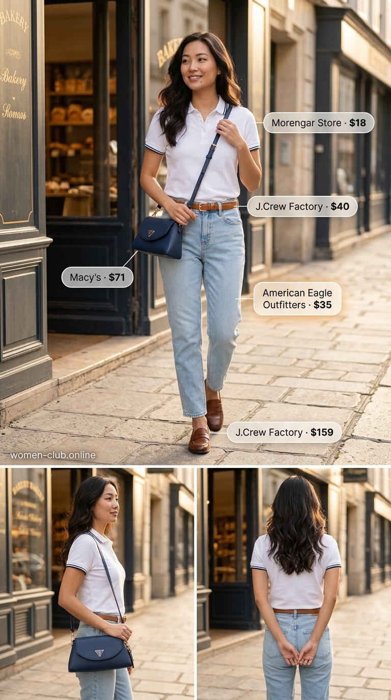 Vintage jean outfits summer for women 2026: Mom jeans, polo shirt, penny loafers, tan belt for preppy chic brunch.
