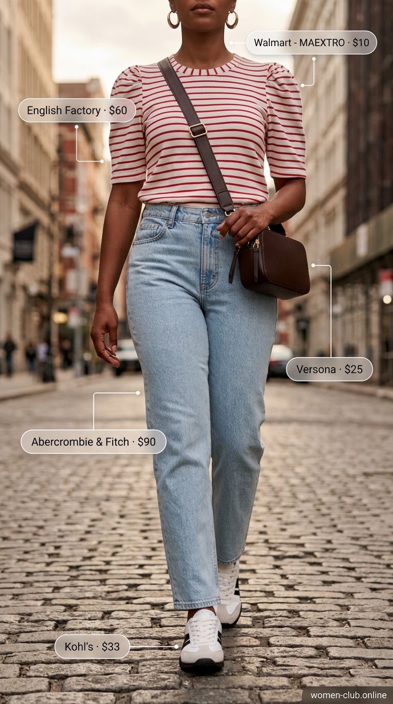 Vintage jean outfits summer for women 2026: High-waisted straight-leg jeans with striped knit top and sneakers for city sightseeing.