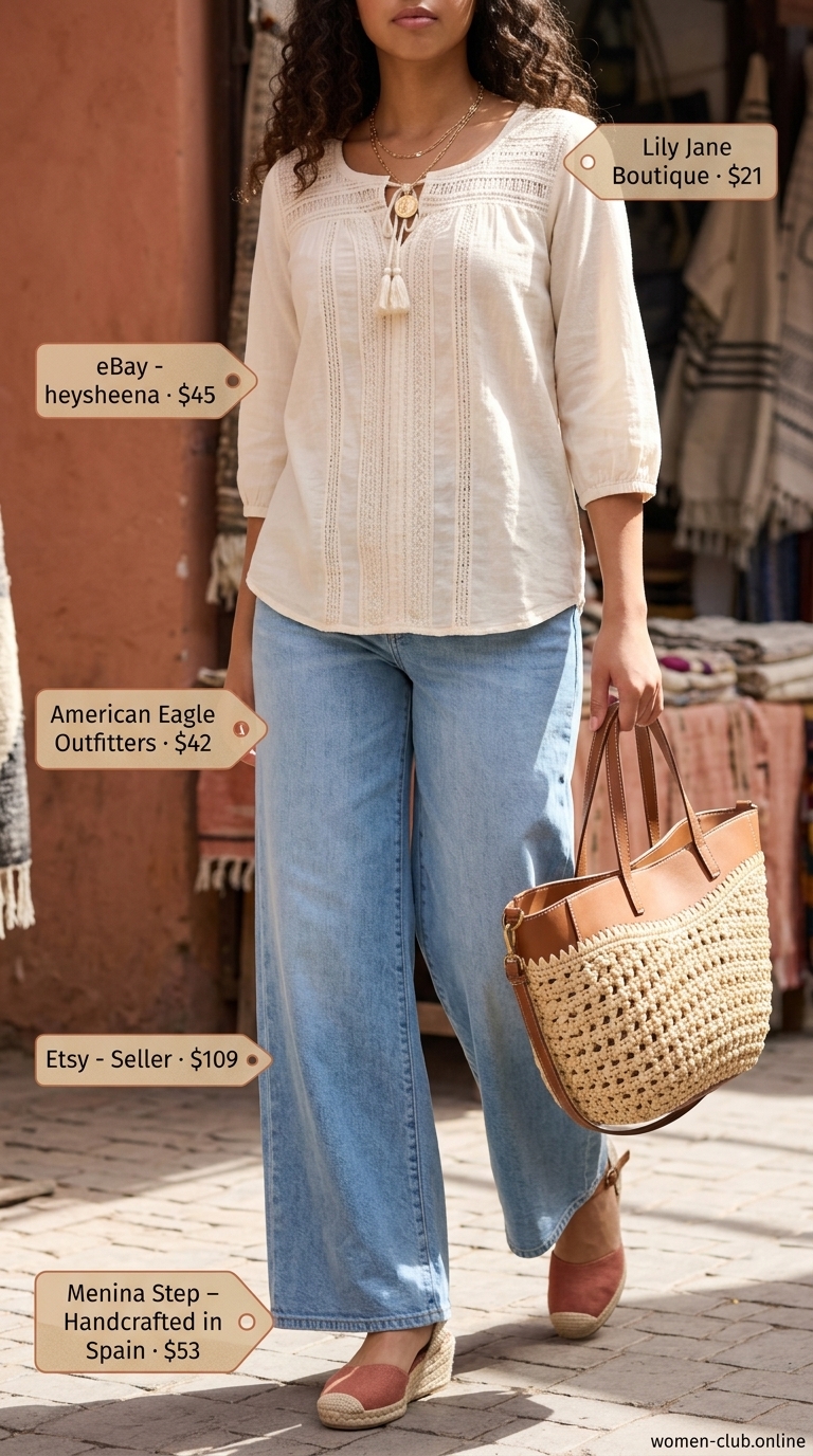 Vintage jean outfits summer for women 2026: Wide-leg jeans with embroidered peasant blouse and espadrilles for a boho vibe.
