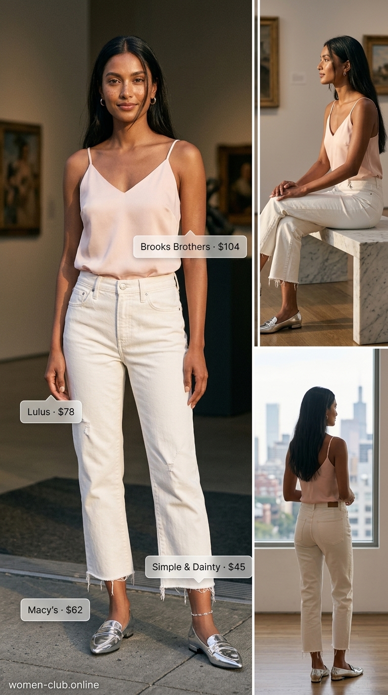 Ecru vintage jean outfits summer for women 2026. Soft pink silk cami, silver flats, and structured bag for a date.