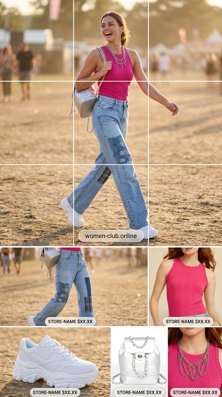 Multi-wash vintage jean outfits summer for women 2026. Fuchsia crop top, platform sneakers, and metallic backpack for festival.