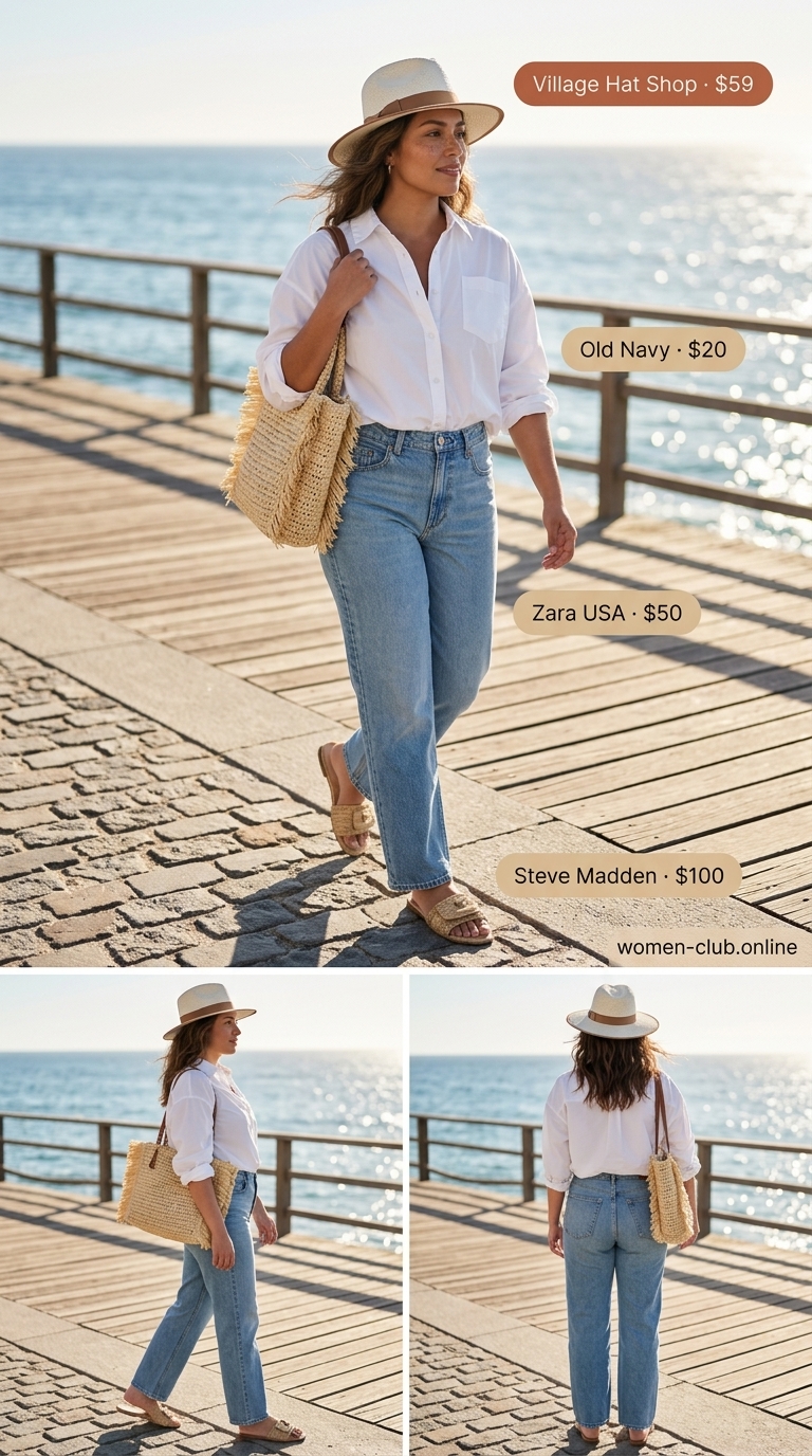 Vintage jean outfits summer for women 2026: Relaxed light blue jeans, white shirt, straw hat, raffia slides for coastal lunch.