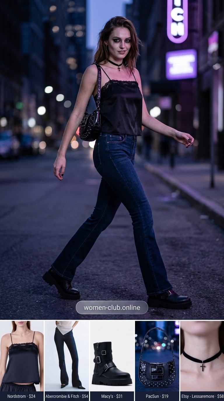 Dark blue vintage jean outfits summer for women 2026. Black boots, satin cami, and choker for a grunge night out.