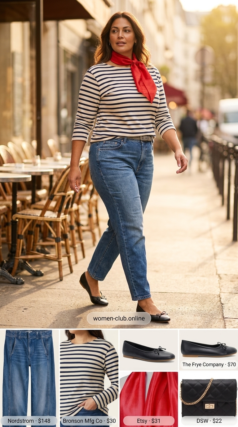 Vintage jean outfits summer for women 2026: High-waisted tapered jeans with Breton tee and ballet flats for Parisian chic.