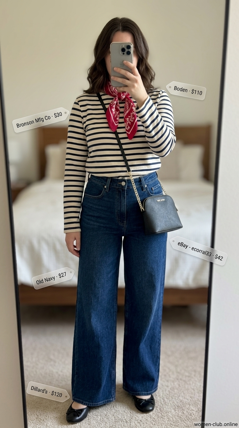 Vintage jean outfits summer for women 2026: Dark wash wide-leg jeans with Breton tee and silk scarf for a summer stroll.