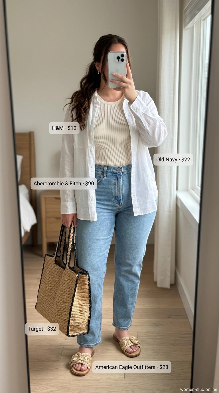 Vintage jean outfits summer for women 2026: Light wash straight-leg jeans with oversized linen shirt and ribbed tank for coastal vibes.