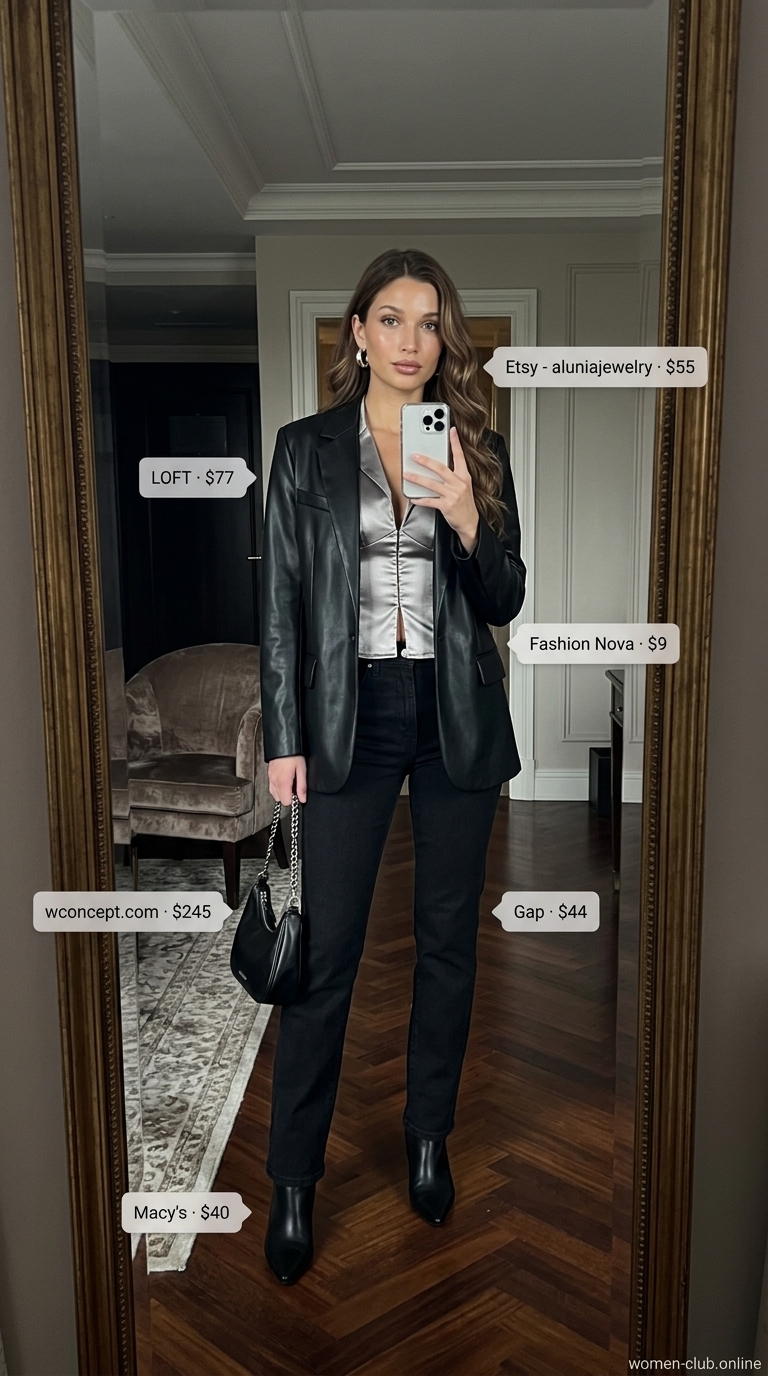 Vintage jean outfits summer for women 2026: Slim straight jeans with satin corset top and faux leather blazer for an edgy evening.