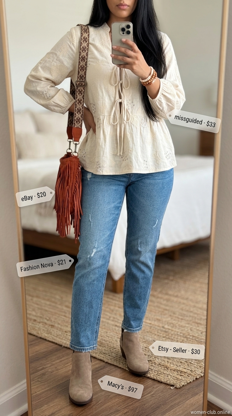 Vintage jean outfits summer for women 2026: Medium wash mom jeans with embroidered peasant blouse and suede boots for festival style.
