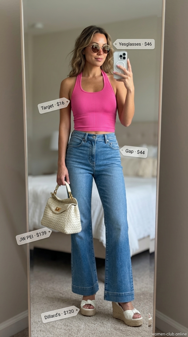 Medium blue vintage jean outfits summer for women 2026. Hot pink halter top, espadrille wedges, and straw bag for pool party.