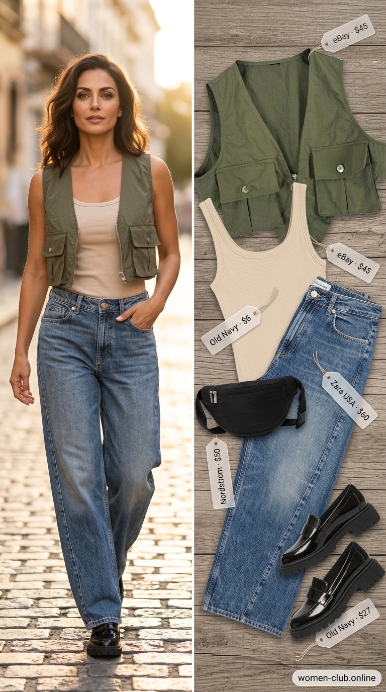 Medium blue vintage jean outfits summer for women 2026. Barrel leg jeans, utility vest, and loafers for urban exploration.