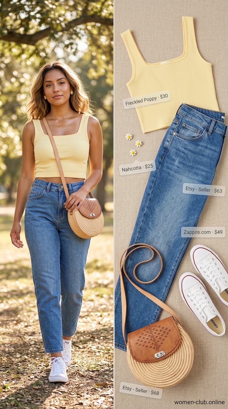 Medium blue vintage jean outfits summer for women 2026. Mom jeans, pastel yellow top, and white sneakers for a picnic.