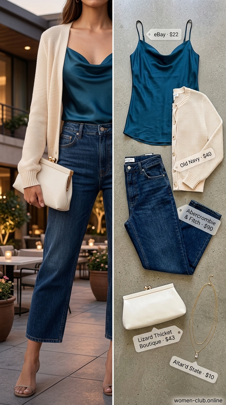 Dark indigo vintage jean outfits summer for women 2026. Teal satin cami, cream cardigan, and bronze sandals for dinner.