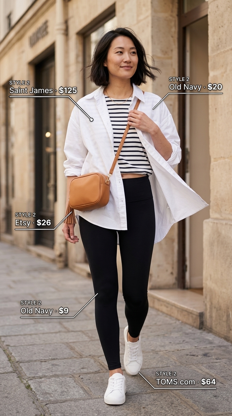 Chic legging outfits summer for women 2026: Black leggings, Breton tee, white shirt & sneakers for Parisian style.