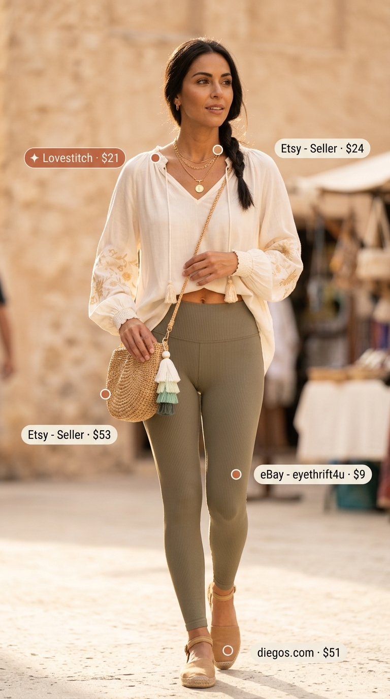 Chic legging outfits summer for women 2026: Olive ribbed leggings, cream peasant blouse, straw bag, espadrilles.