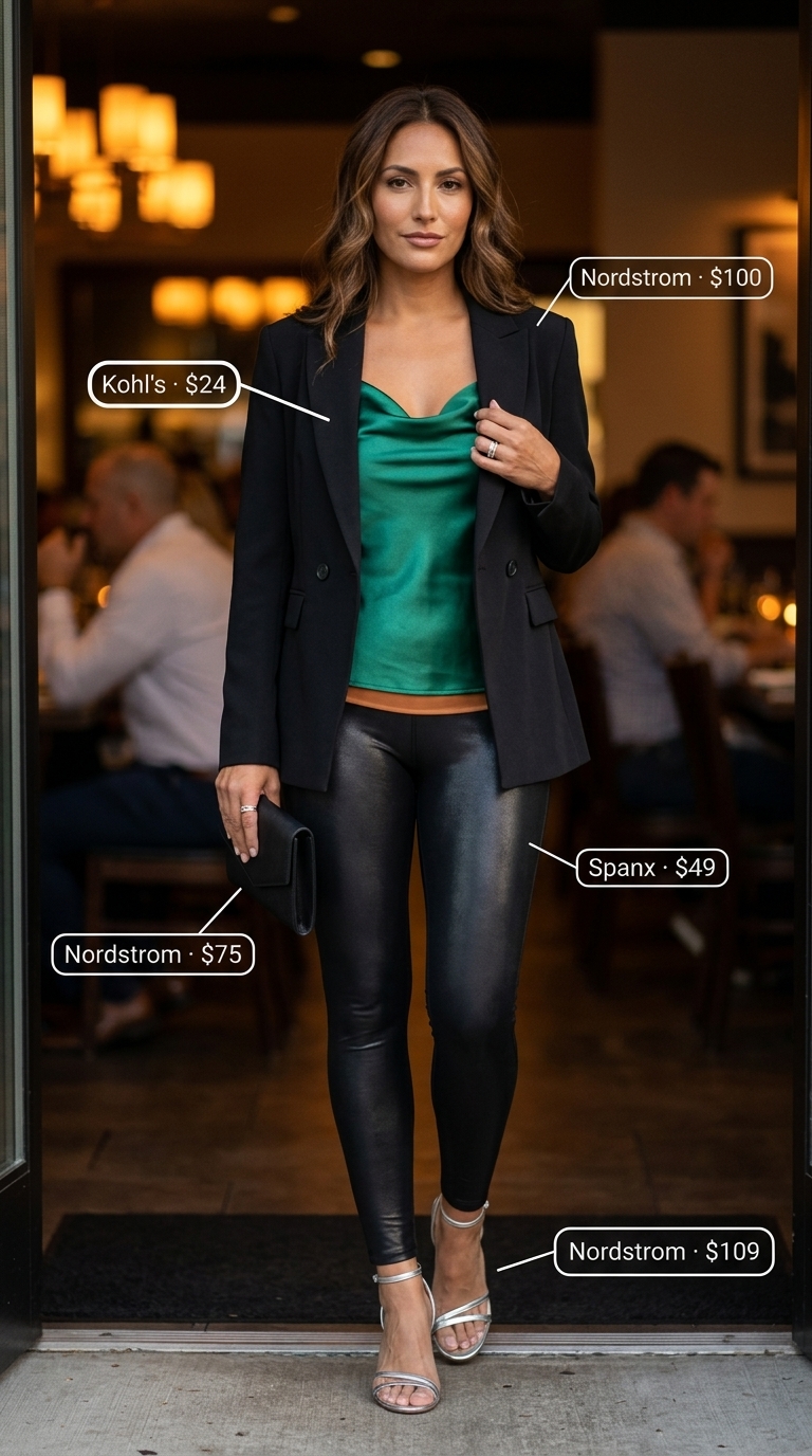 Chic legging outfits summer for women 2026: Black faux leather leggings with emerald satin cami and blazer for date night.