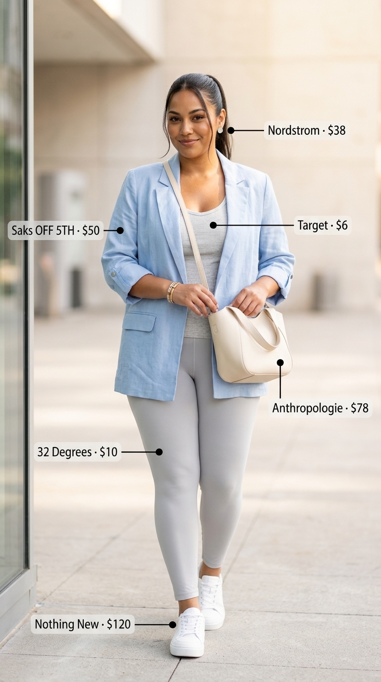 Chic legging outfits summer for women 2026: Grey leggings, pastel blazer, cream tank & sneakers for athleisure brunch.