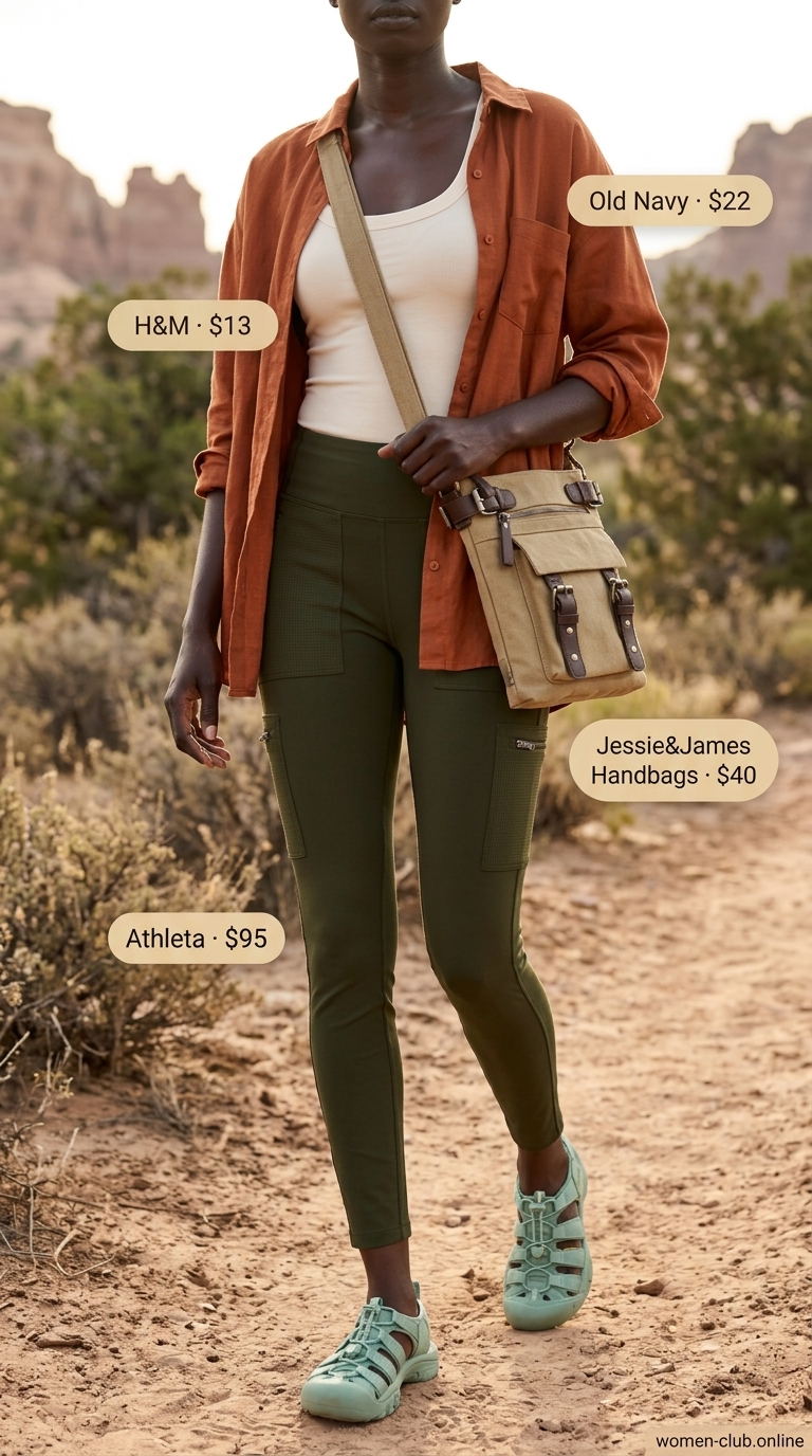 Chic legging outfits summer for women 2026: Khaki cargo leggings, rust linen shirt, cream tank, olive sandals.