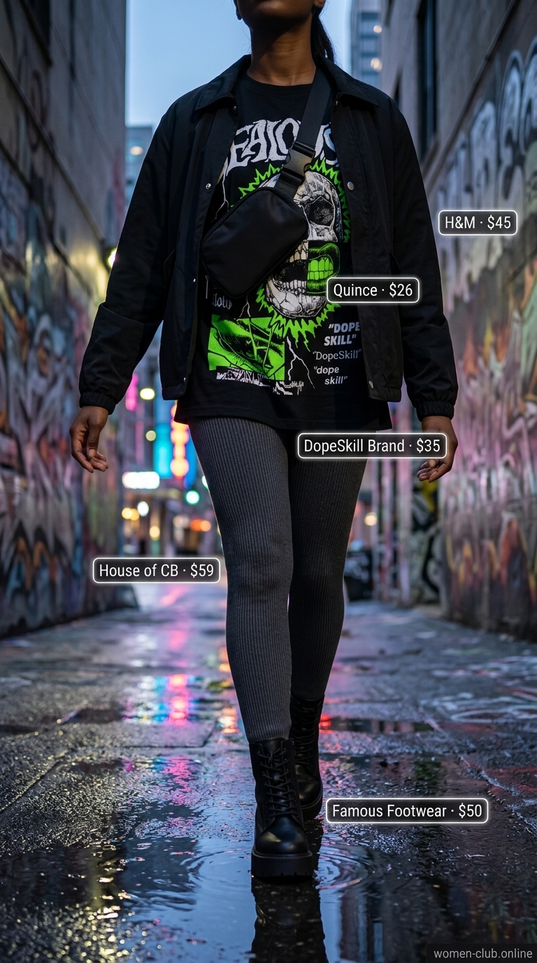 Chic legging outfits summer for women 2026: Charcoal leggings, graphic tee, utility jacket & combat boots for urban style.