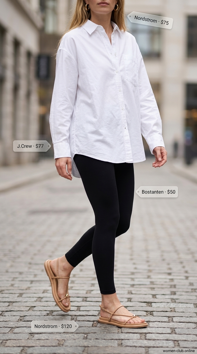 Chic legging outfits summer for women 2026: Black leggings, white button-down, tan sandals, gold hoops.