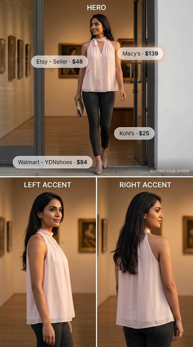 Chic legging outfits summer for women 2026: Charcoal grey leggings with blush pink blouse for a modern gallery visit.