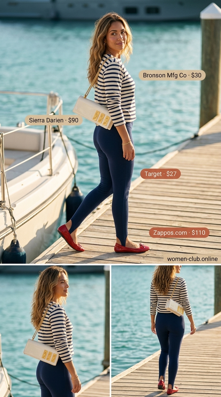 Chic legging outfits summer for women 2026: Navy stirrup leggings, Breton tee, red flats & white bag for nautical style.