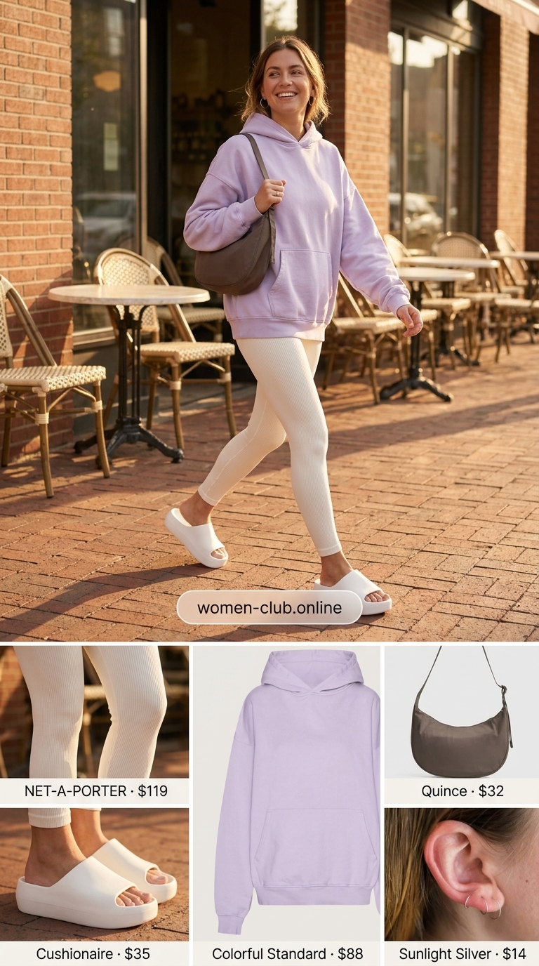 Chic legging outfits summer for women 2026: White ribbed leggings, lavender hoodie, silver crossbody, white slides.