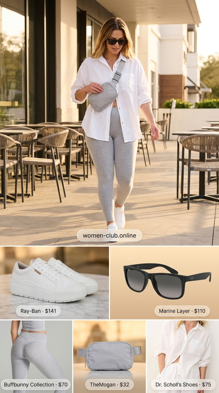 Chic legging outfits summer for women 2026: Grey leggings, white linen shirt, white sneakers & belt bag for athleisure.