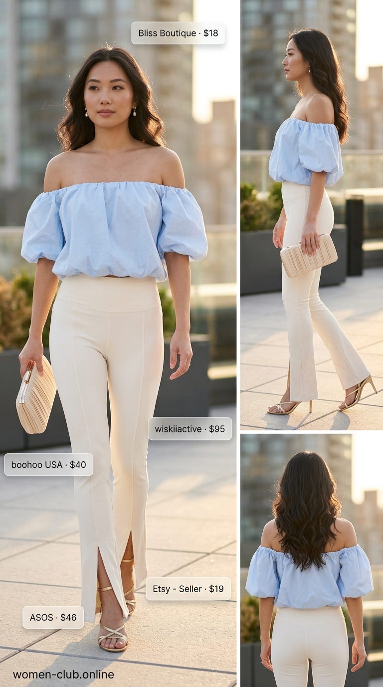 Chic legging outfits summer for women 2026: Cream leggings with blue off-shoulder top and gold sandals for a romantic evening.