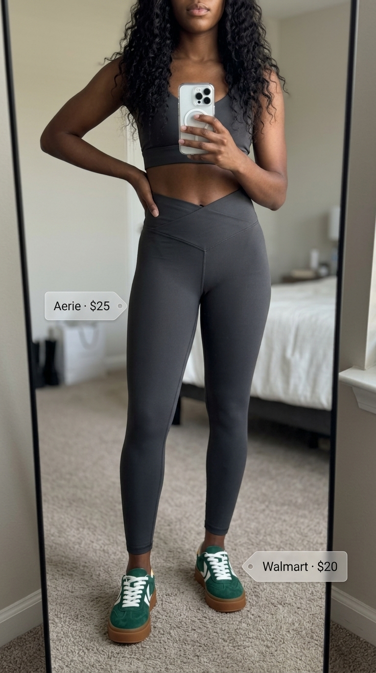 Chic legging outfits summer for women 2026: Grey athleisure leggings, white graphic tee, black utility bag, chunky sneakers.