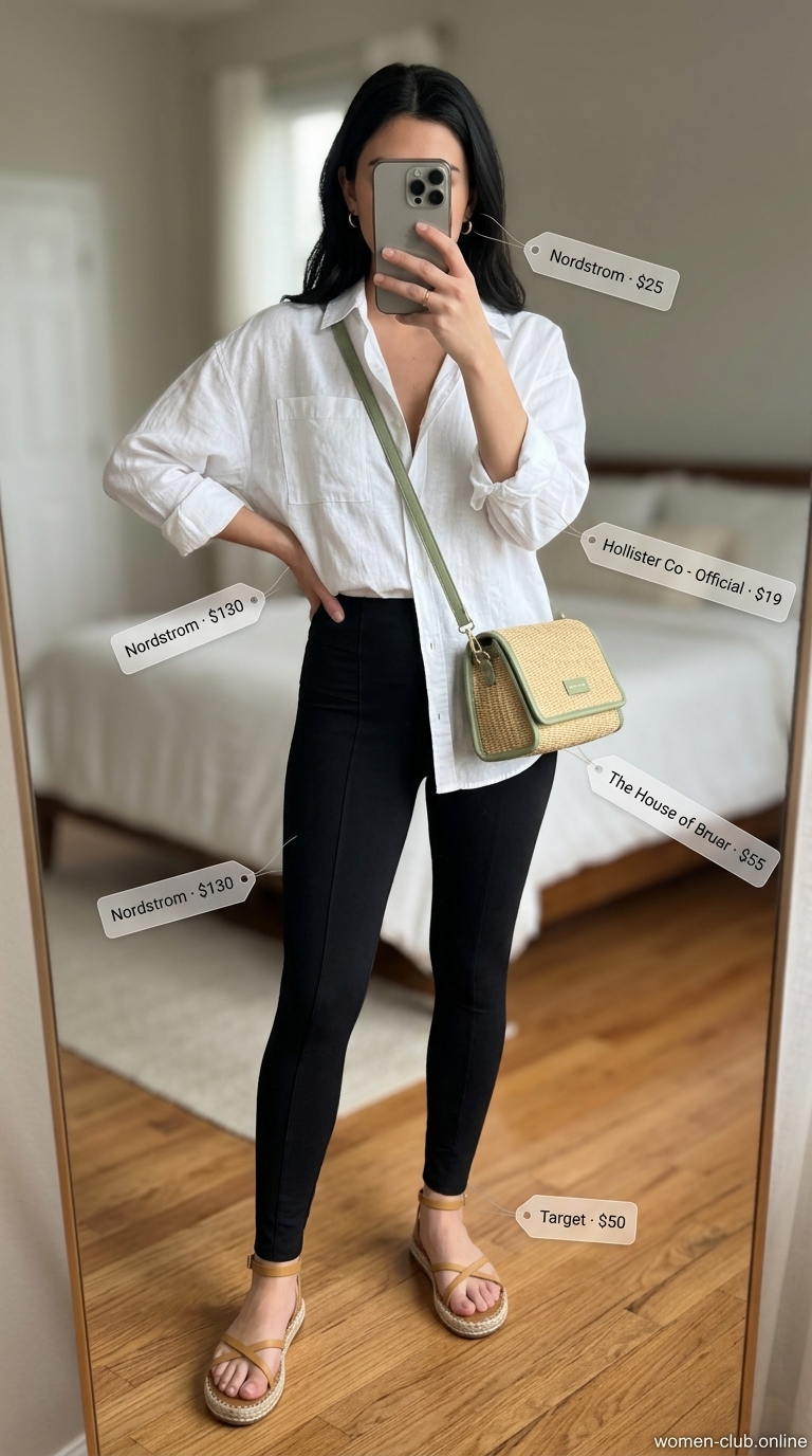 Chic legging outfits summer for women 2026: White linen shirt, black ponte leggings, olive straw bag, tan espadrilles.