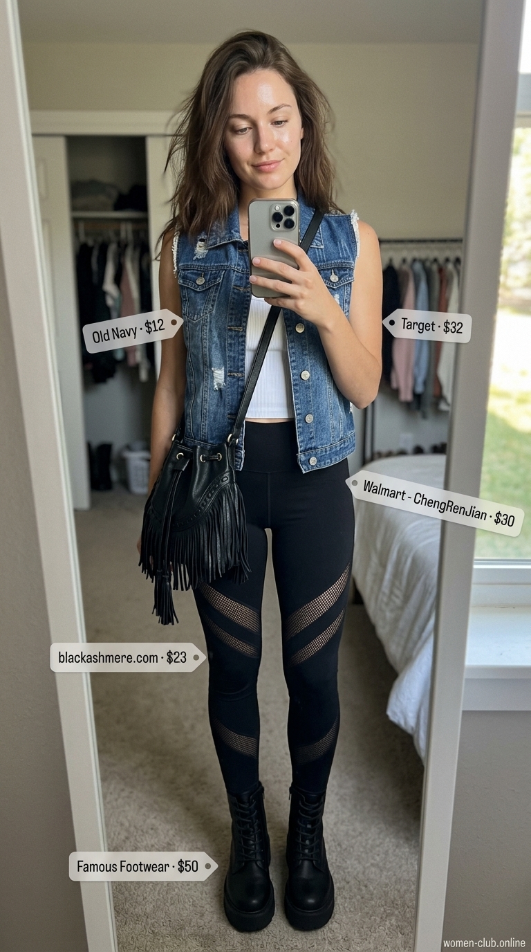Chic legging outfits summer for women 2026: Black mesh leggings with white tank and denim vest for festival vibes.