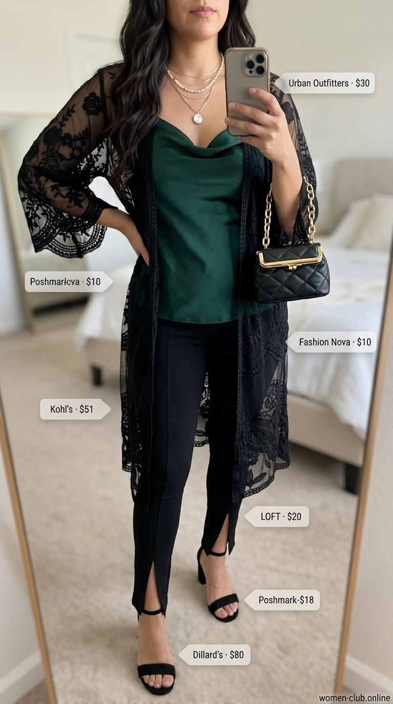 Chic legging outfits summer for women 2026: Black leggings with emerald cami and kimono for a romantic rooftop look.