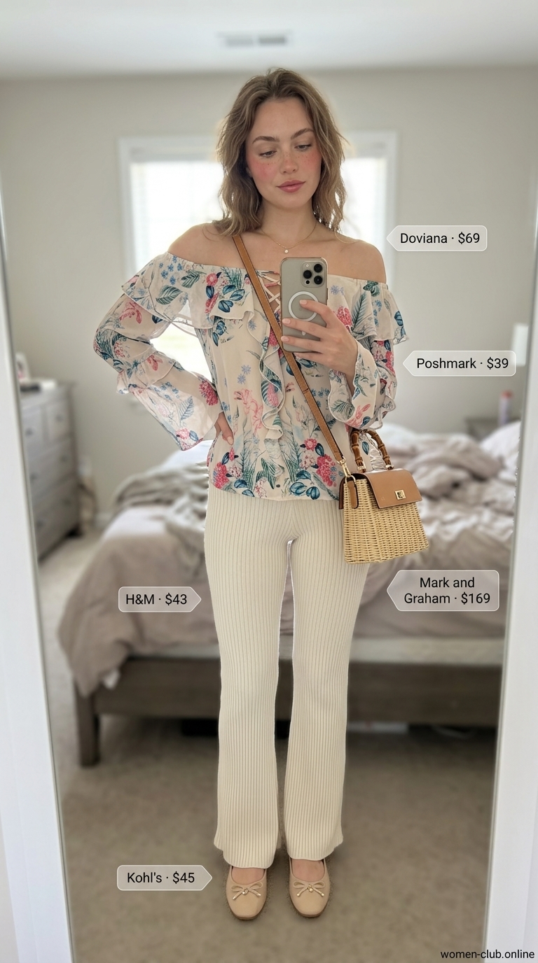 Chic legging outfits summer for women 2026: Cream flare leggings, floral off-shoulder blouse, rattan bag, nude flats.