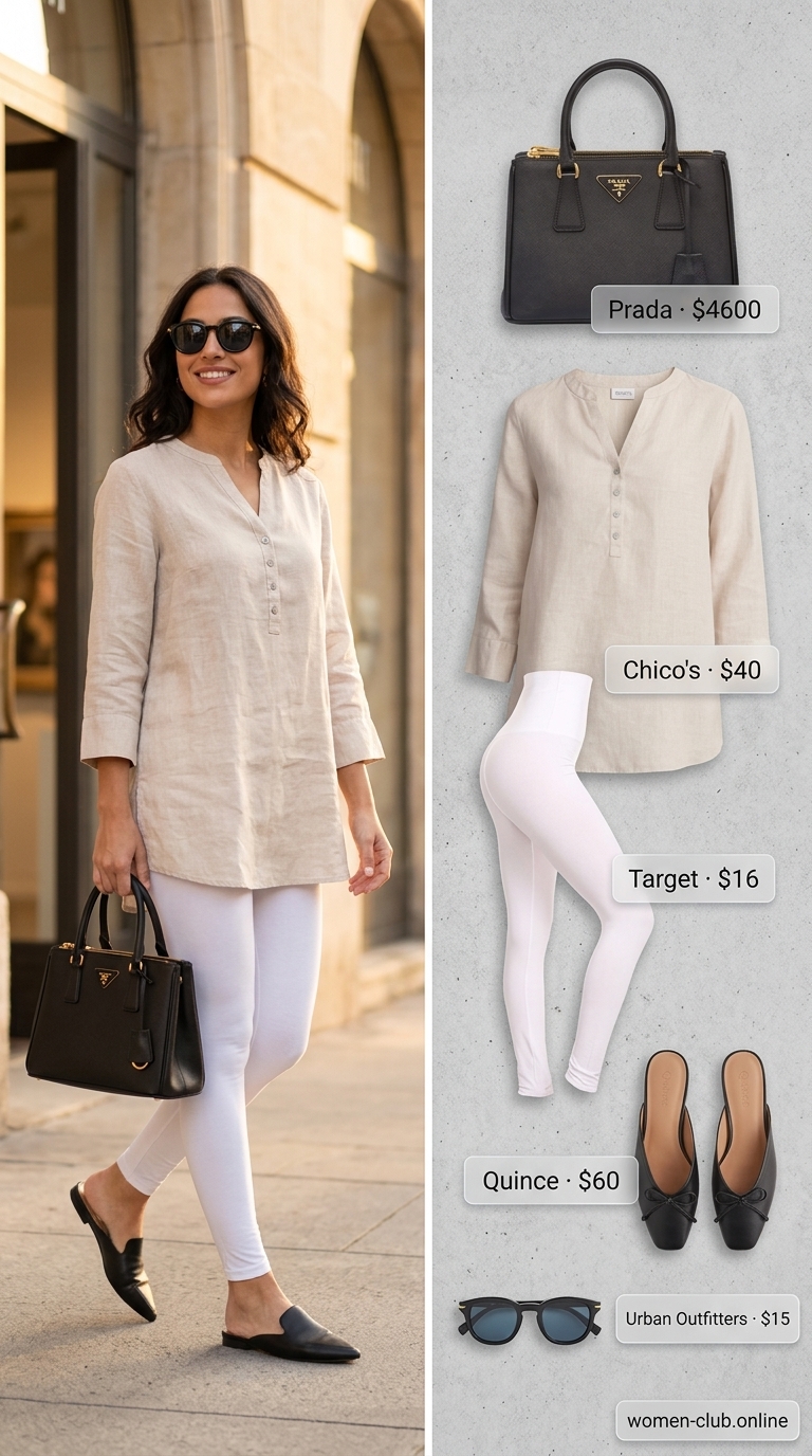 Chic legging outfits summer for women 2026: White leggings with beige tunic and black mules for a modern gallery visit.