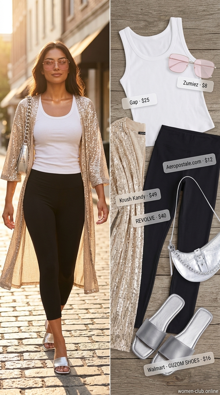 Chic legging outfits summer for women 2026: Black cropped leggings, white tank, sequin duster, silver slides.