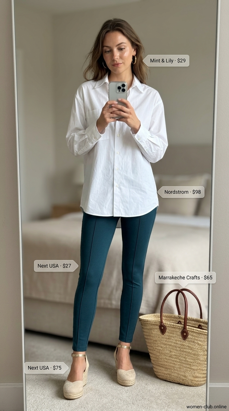 Chic legging outfits summer for women 2026: Navy leggings with white shirt and espadrilles for a polished getaway.