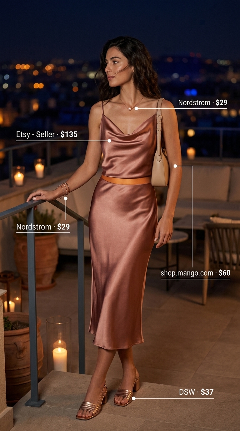 Blush pink slip dress for rooftop summer date night outfits for women 2026. Romantic and alluring.