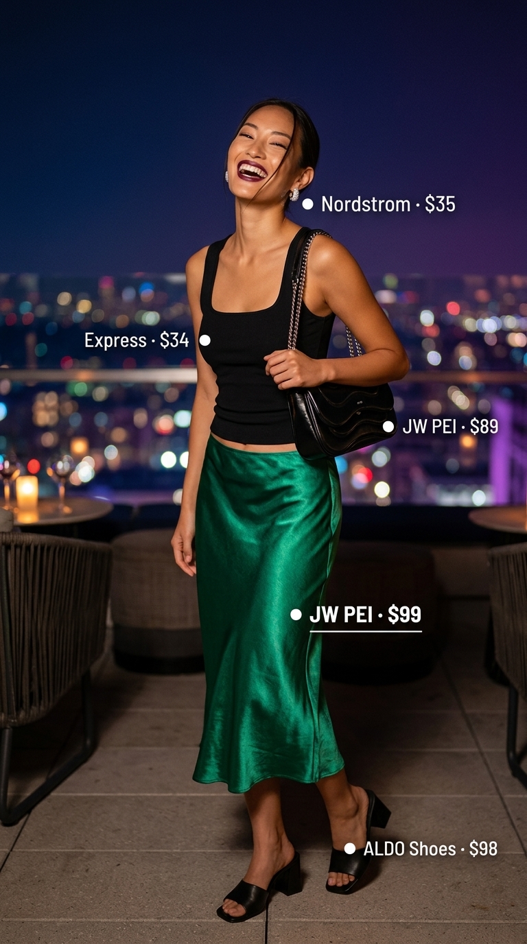 Emerald green satin skirt outfit for rooftop summer date night outfits for women 2026. Playful and glamorous.
