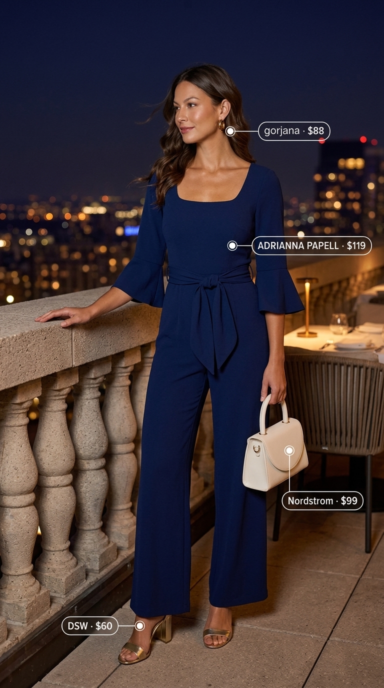 Navy blue jumpsuit for rooftop summer date night outfits for women 2026. Polished & confident.