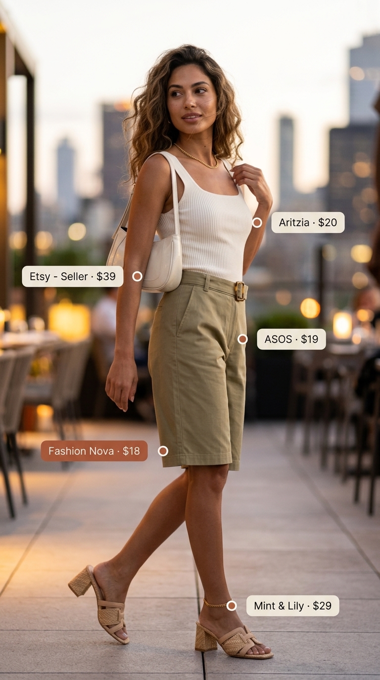 Khaki green Bermuda shorts outfit for rooftop summer date night outfits for women 2026. Casual chic.