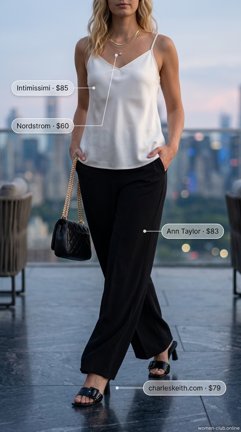 Black wide-leg trousers for rooftop summer date night outfits for women 2026. Sophisticated and sleek.