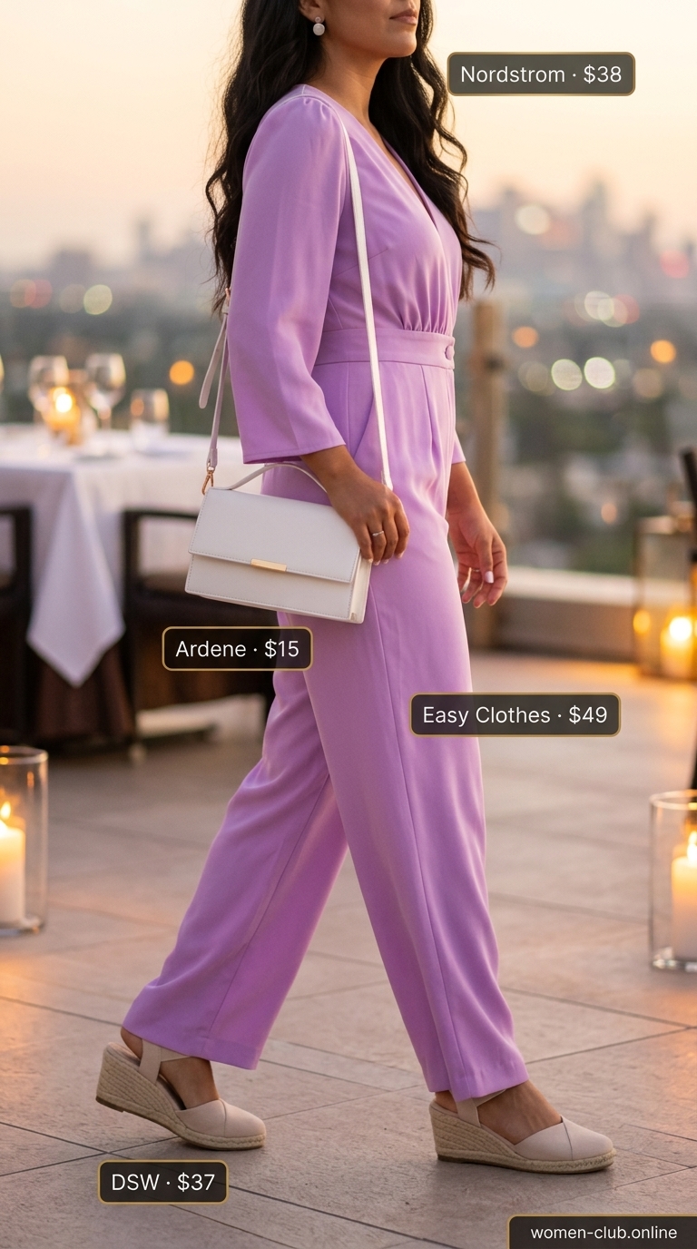 Lavender jumpsuit for rooftop summer date night outfits for women 2026. Effortless and chic.